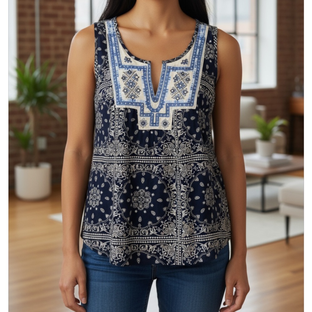 L'AFFAIRE boho embellished embroidered navy tank size small